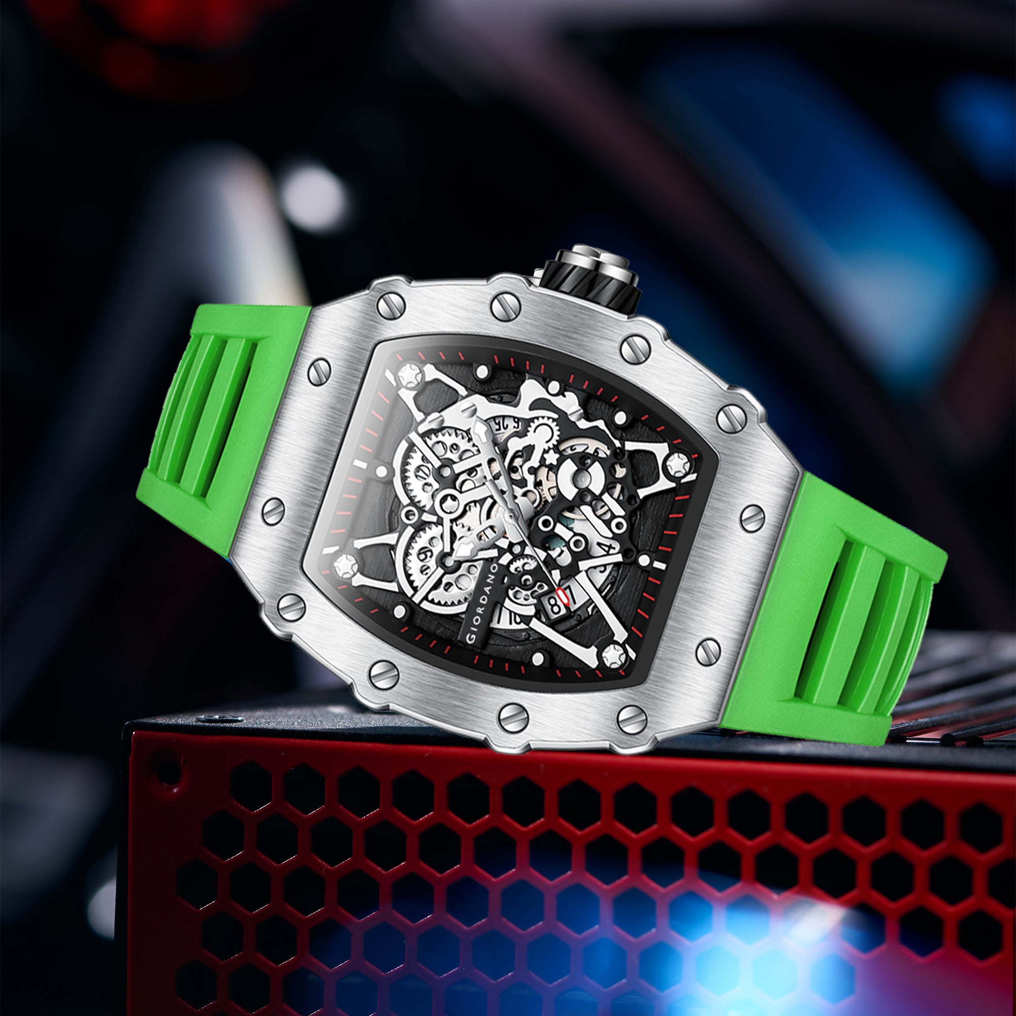 Giordano Analog Watch for Men - Skeleton-Style Dial | Brushed Steel Case with Silicone Strap | GZ-50127-07